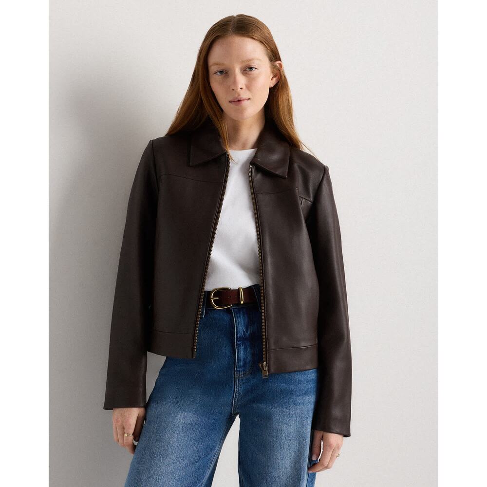 NWT Quince 100% Leather Cropped Zip-Front Jacket Rich Brown S
